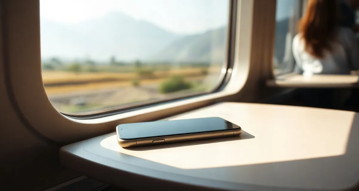 High-speed train, China Phone with a dark screen on a high-speed train tray table in China