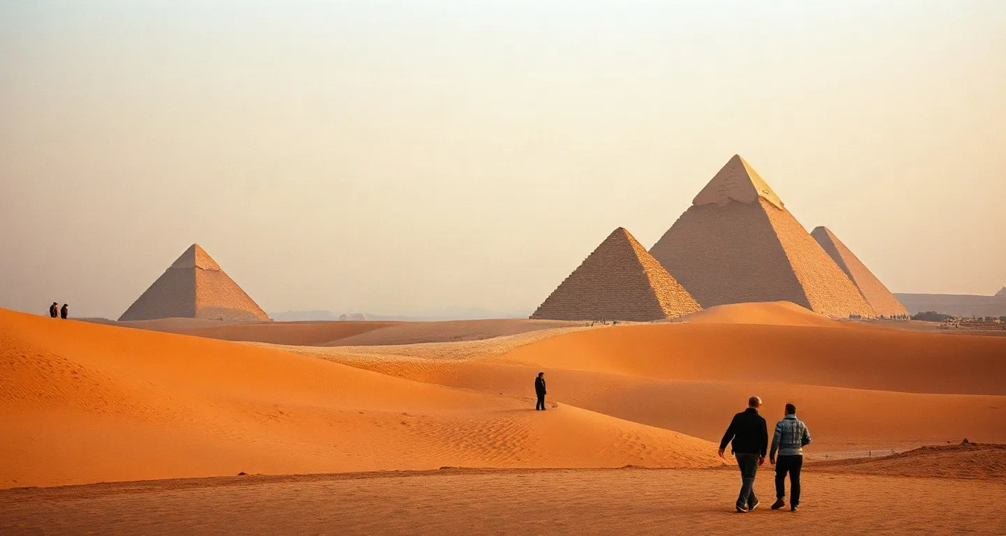 The Giza pyramids at sunrise in soft desert haze, Egypt