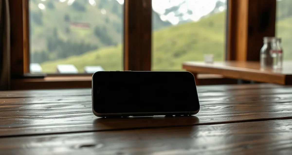 Phone with a dark screen on a guesthouse table in Kazbegi, mountains outside, Georgia
