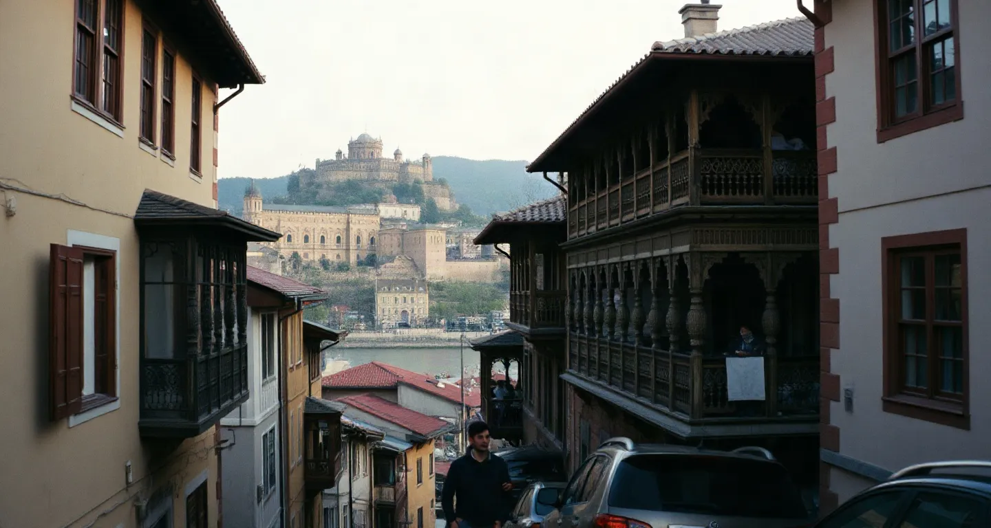 Tbilisi old town balconies and the Narikala fortress above the river at dusk, Georgia
