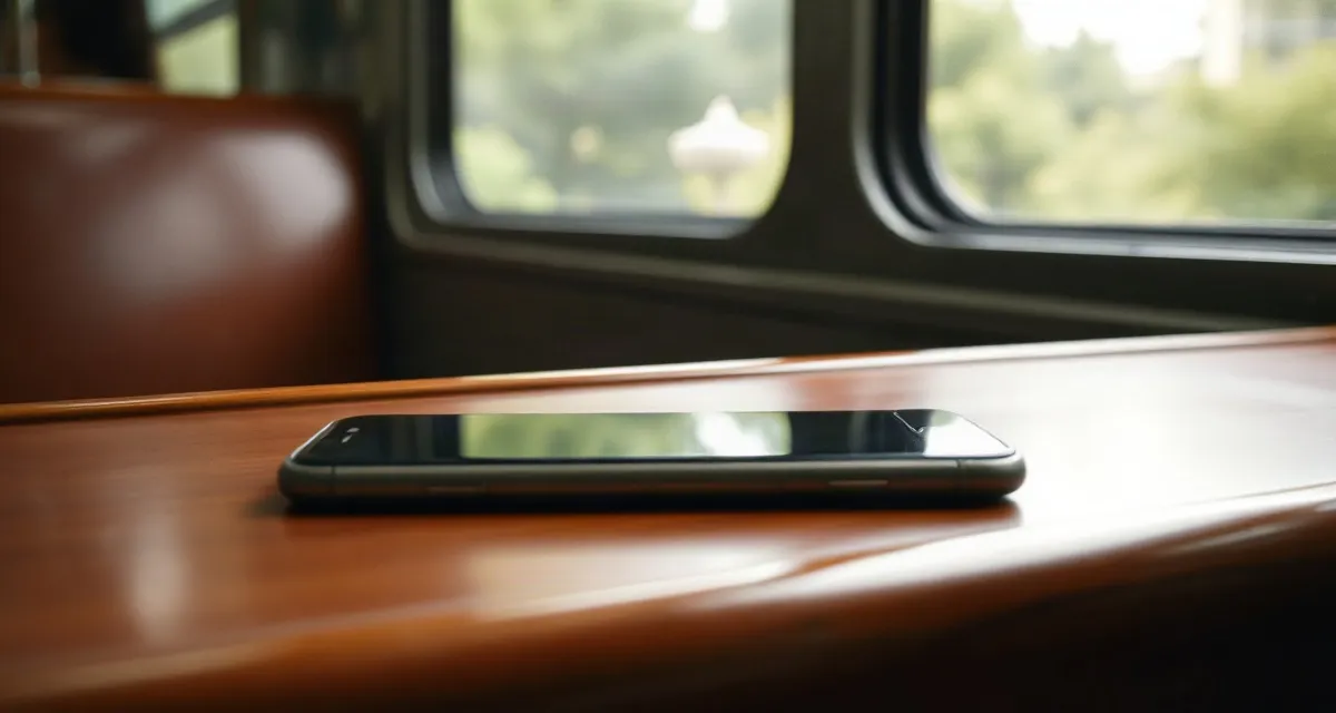 Phone with a dark screen on a tram seat in Hong Kong, street blurred outside