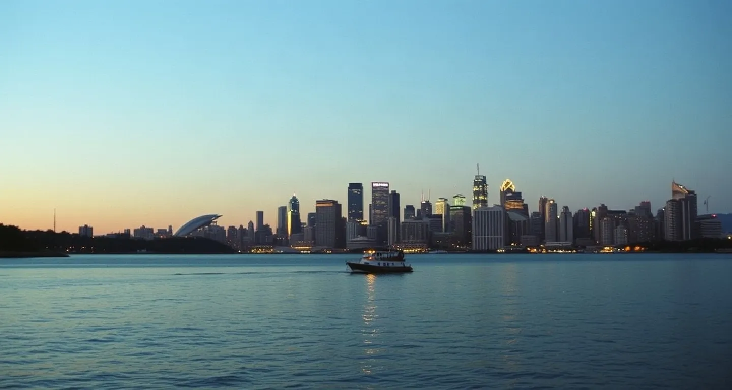 Victoria Harbour with a ferry crossing at dusk, Hong Kong