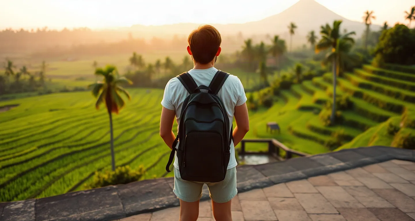 Traveller seen from behind overlooking Bali rice fields and a volcano