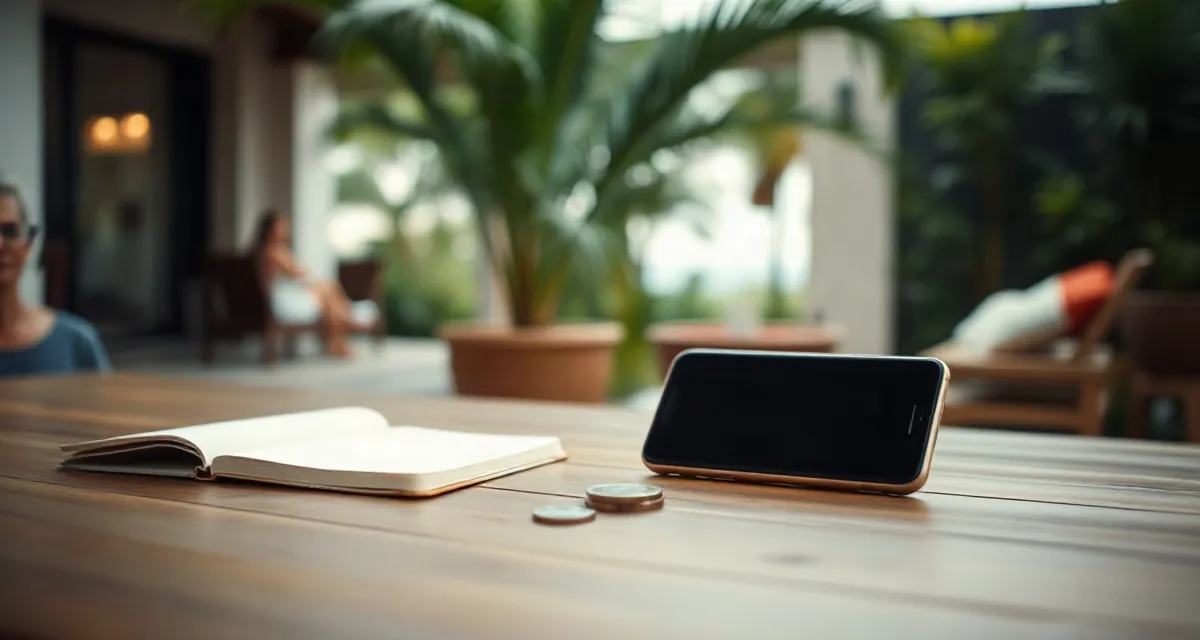 Phone with a dark screen beside coins and a blank notebook on a Bali villa table