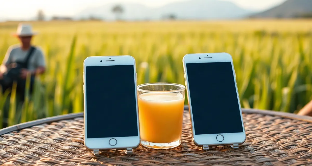 Two phones with dark screens on a rattan table, Bali rice fields behind
