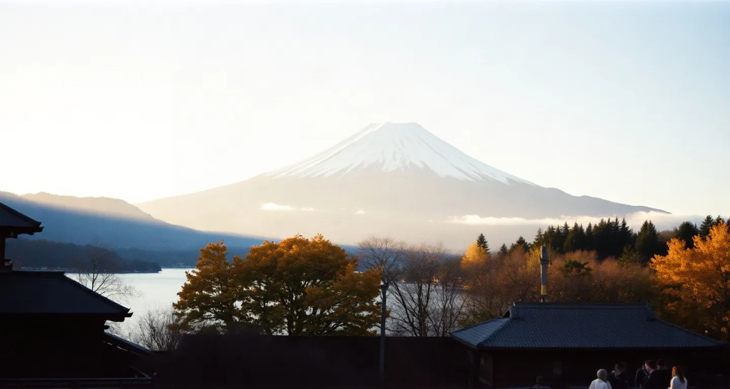 Mount Fuji above a lake with autumn trees in morning light, Japan