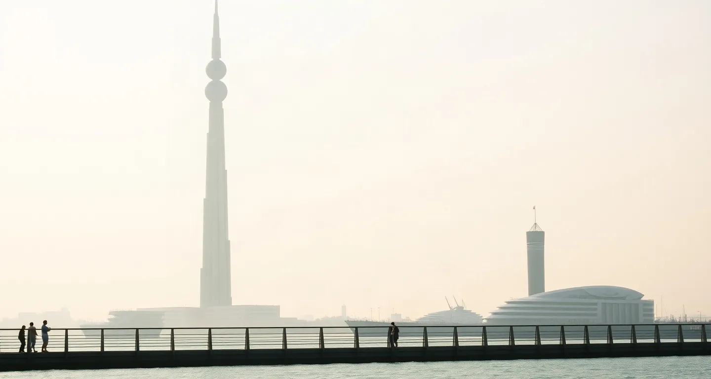 Kuwait Towers above the Gulf waterfront in soft morning haze