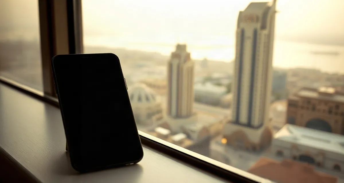 Phone with a dark screen on a hotel window ledge overlooking Kuwait City