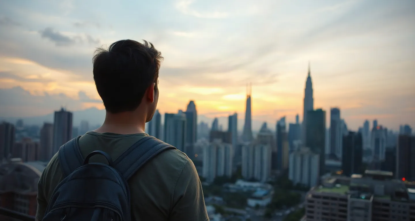 Traveller seen from behind looking at the Kuala Lumpur skyline at dusk