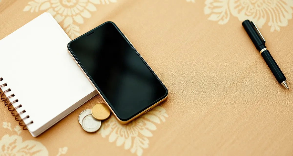 Phone with a dark screen beside coins and a blank notebook on a batik tablecloth