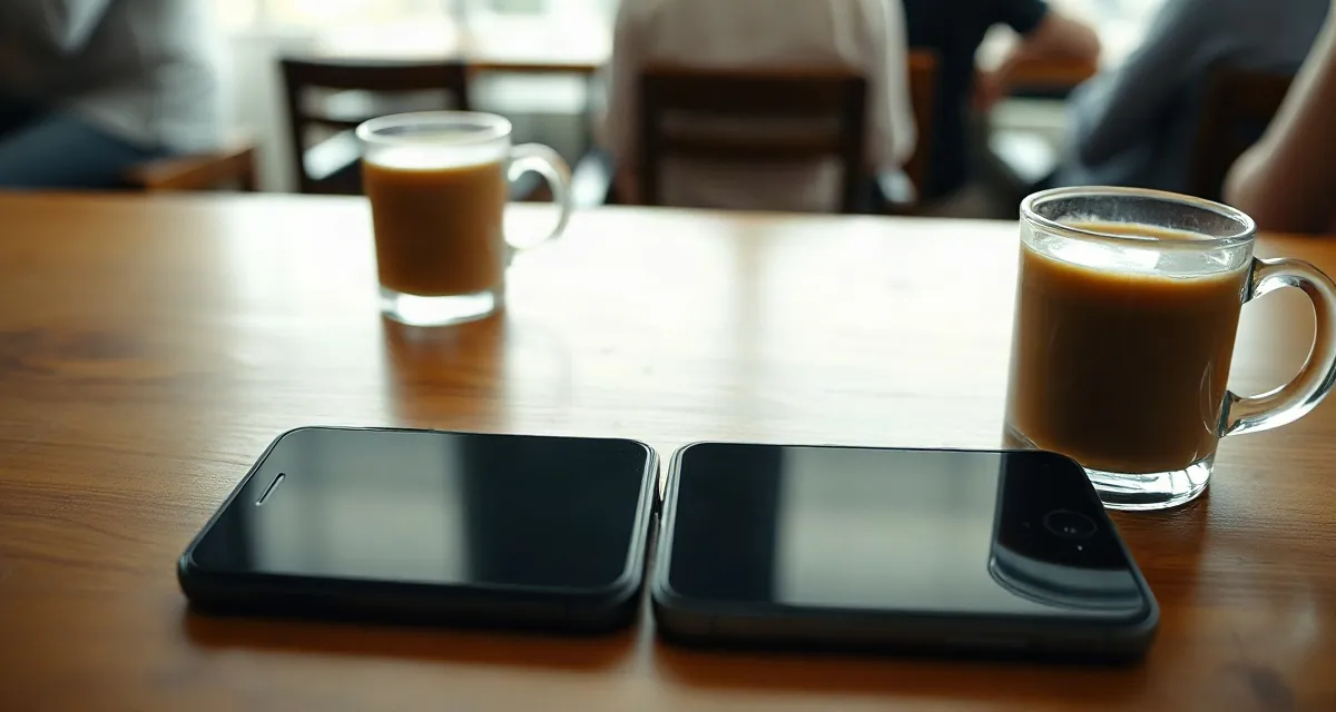 Two phones with dark screens side by side next to glasses of pulled tea in Malaysia