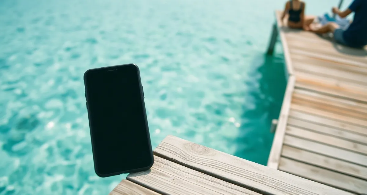 Phone with a dark screen on a wooden jetty above clear water in the Maldives
