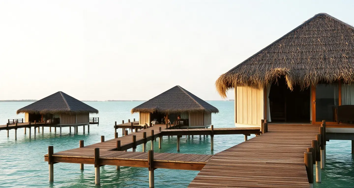 Overwater villas above a turquoise lagoon in the Maldives
