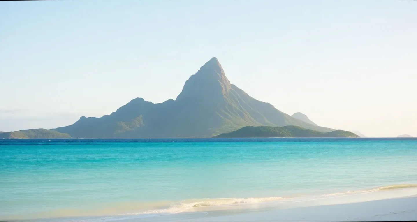 Le Morne mountain above a turquoise lagoon in Mauritius in morning light