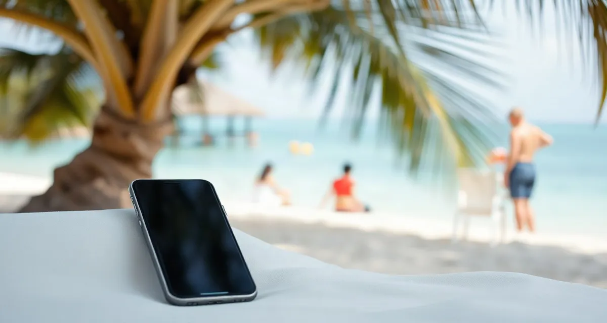 Phone with a dark screen on a beach lounger under a casuarina tree, Mauritius