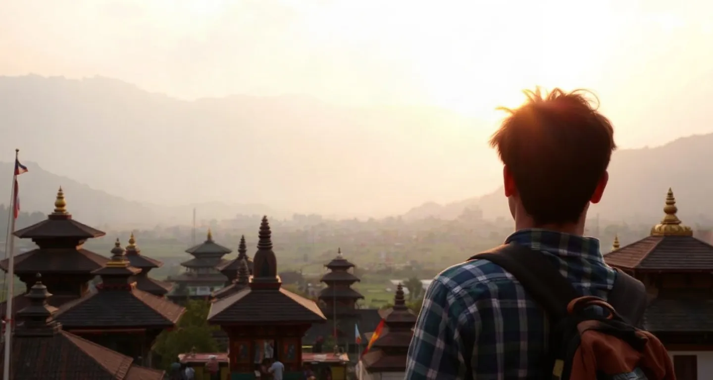 Traveller seen from behind looking over the Kathmandu valley at sunrise