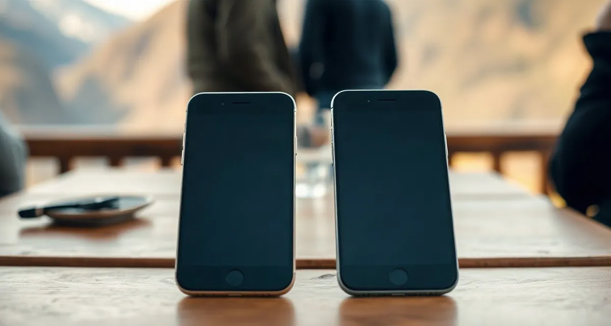 Two phones with dark screens on a wooden guesthouse table, mountains behind in Nepal