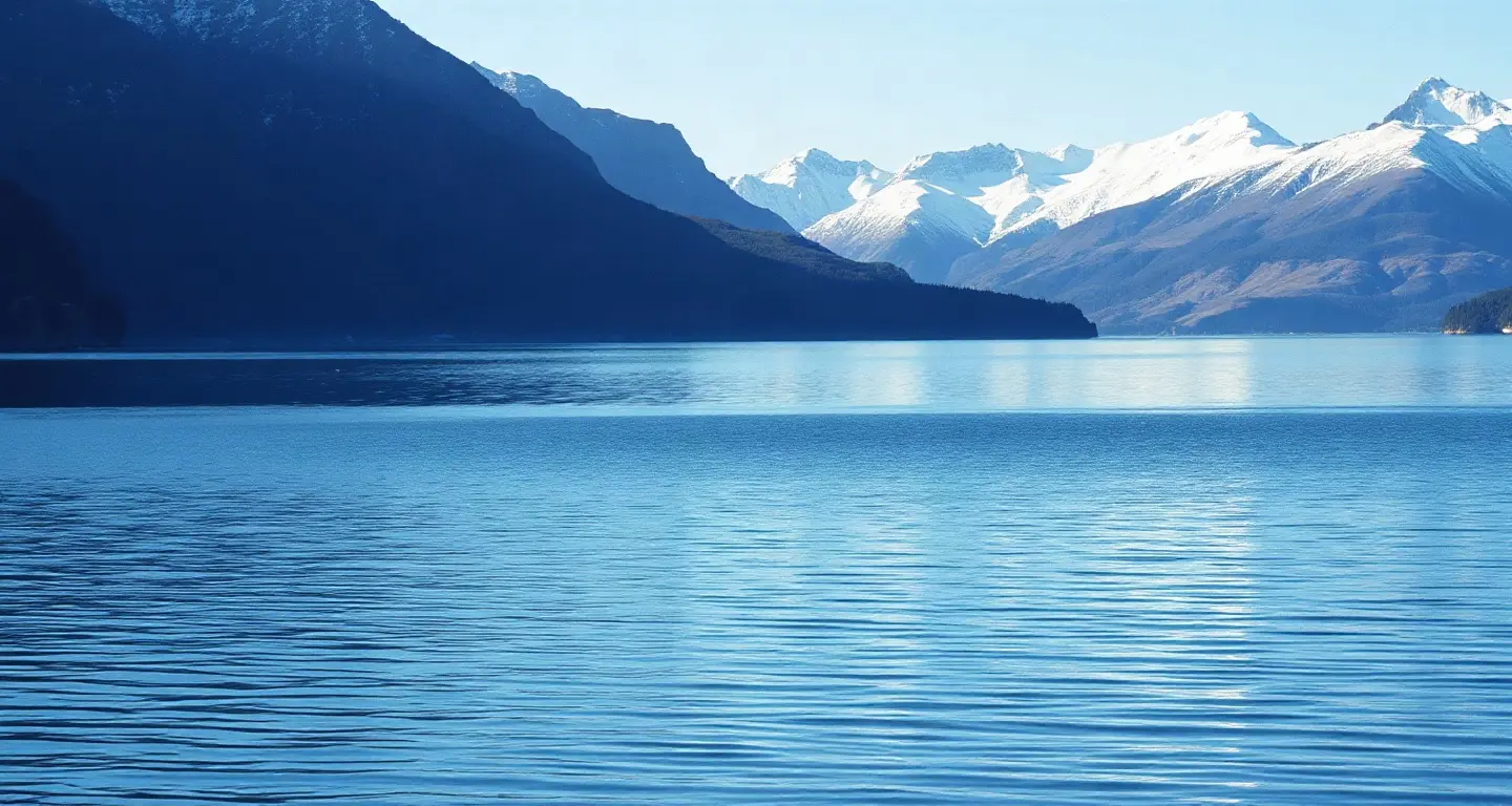 Lake Wakatipu and snow-capped peaks near Queenstown in morning light, New Zealand