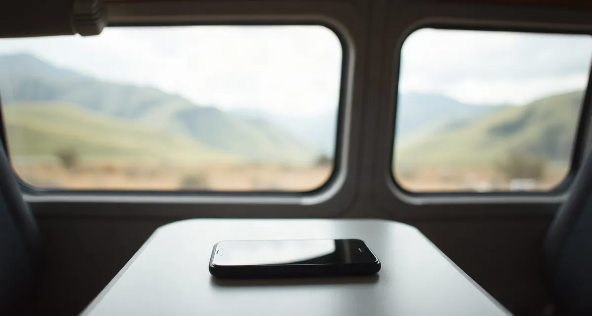 Phone with a dark screen on a campervan table, green hills outside, New Zealand