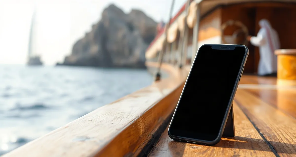 Phone with a dark screen on a dhow deck off the Omani coast