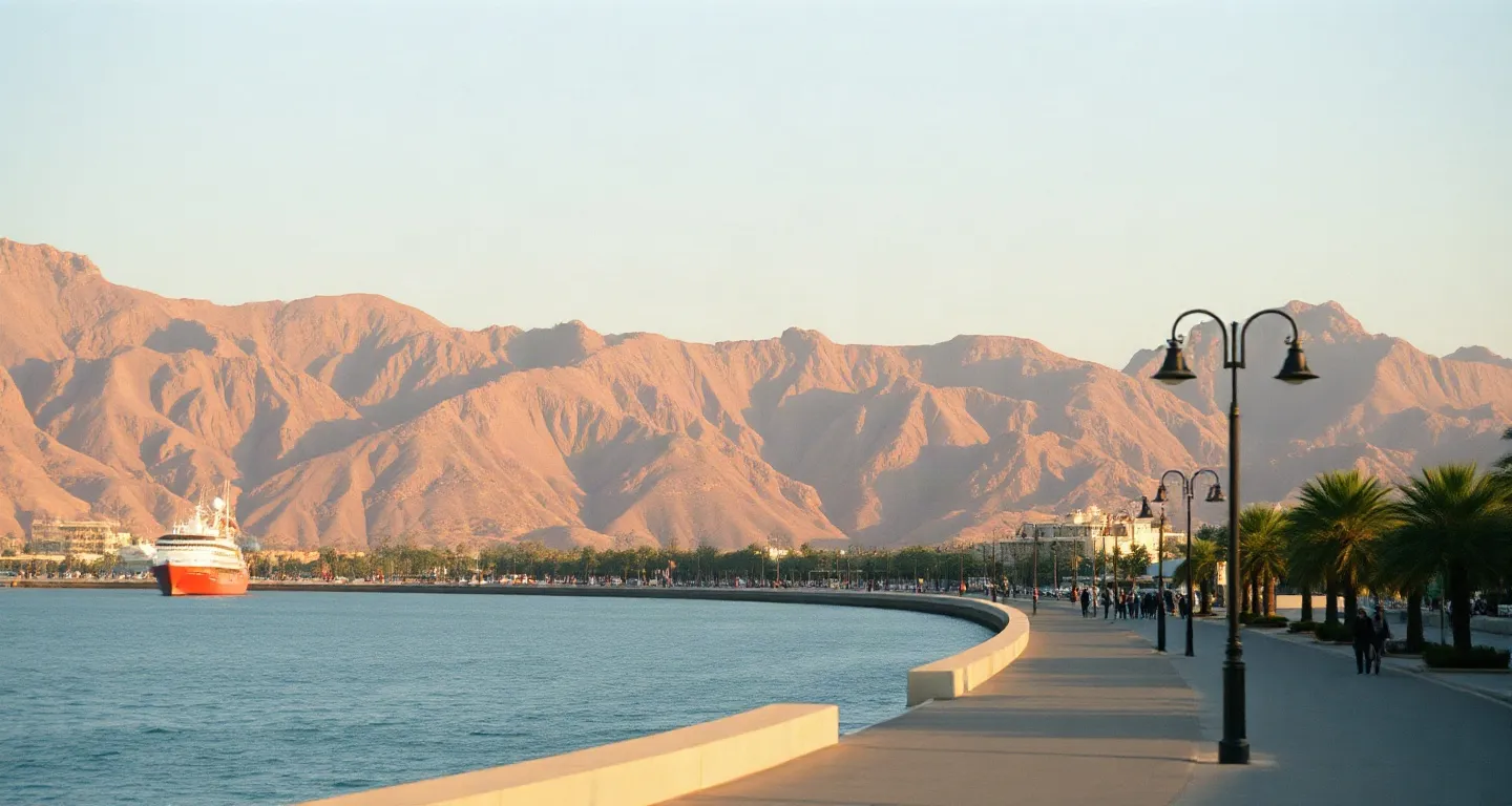 Muttrah corniche and mountains above the harbour in Muscat, Oman