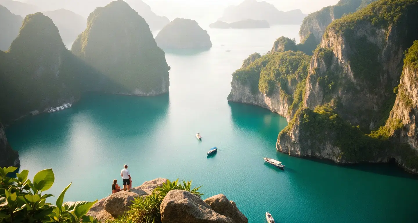 Limestone cliffs and an outrigger boat in a turquoise lagoon at El Nido, Philippines