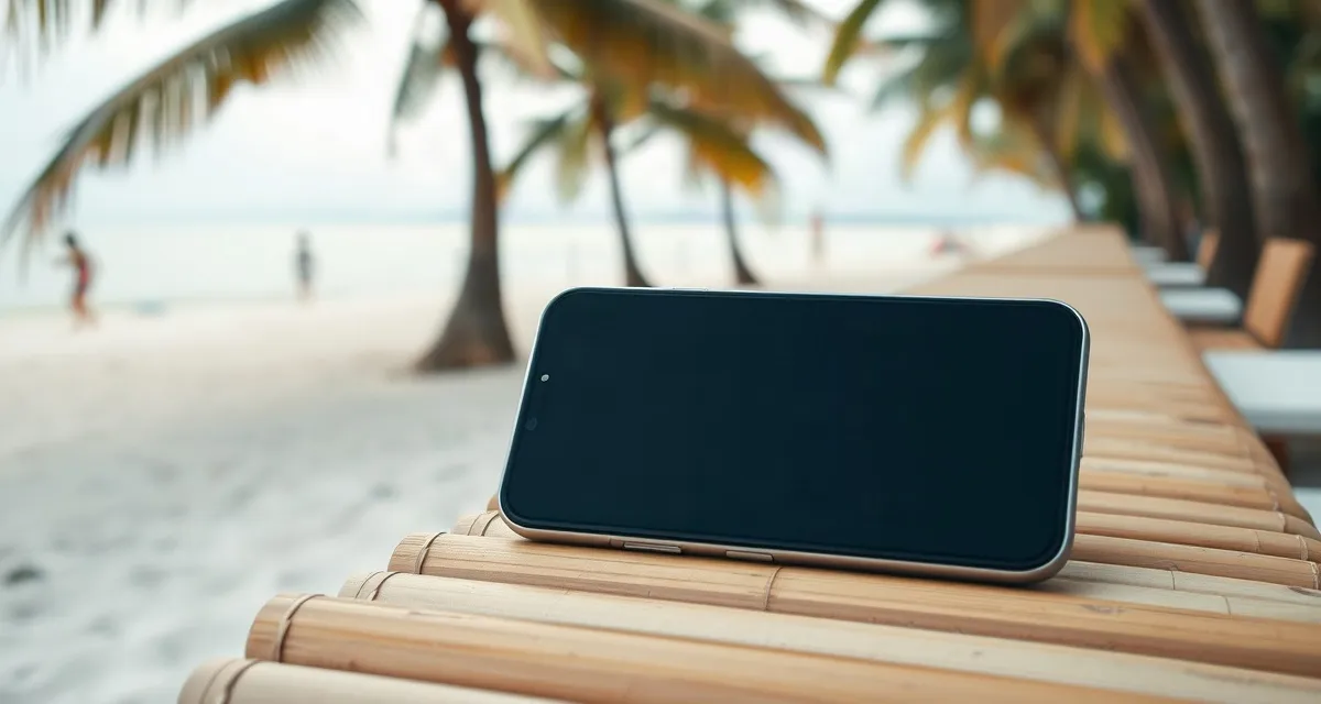 Phone with a dark screen on a bamboo bench beside a beach, Philippines