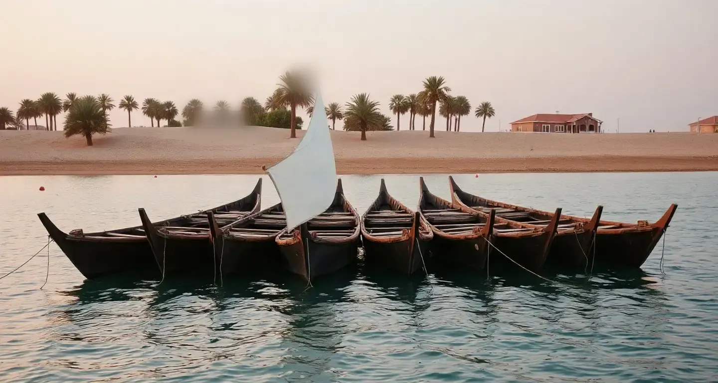 Wooden dhow boats moored in calm water at golden hour in Doha, Qatar