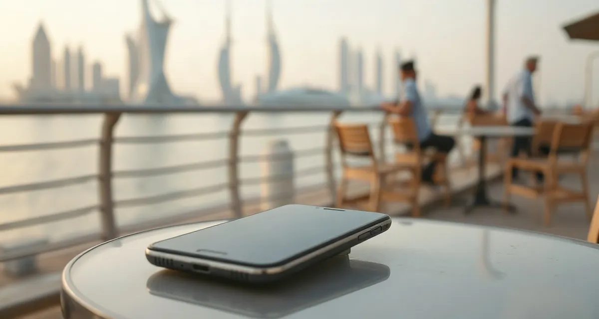 Phone with a dark screen on a café table at the Doha waterfront, Qatar