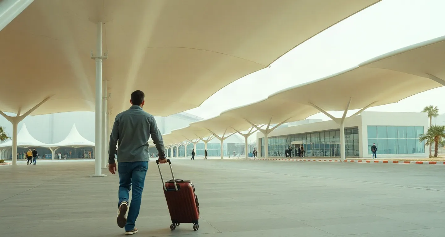 Traveller seen from behind in a modern airport hall with white canopies