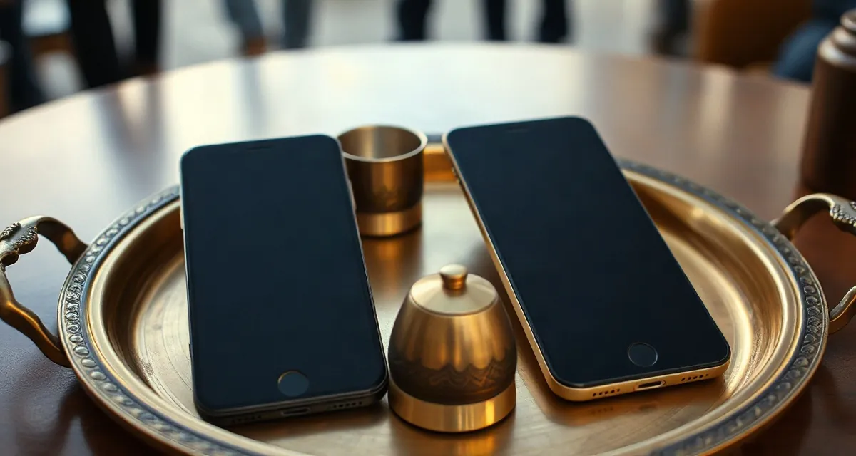 Two phones with dark screens on a brass tray beside Arabic coffee cups