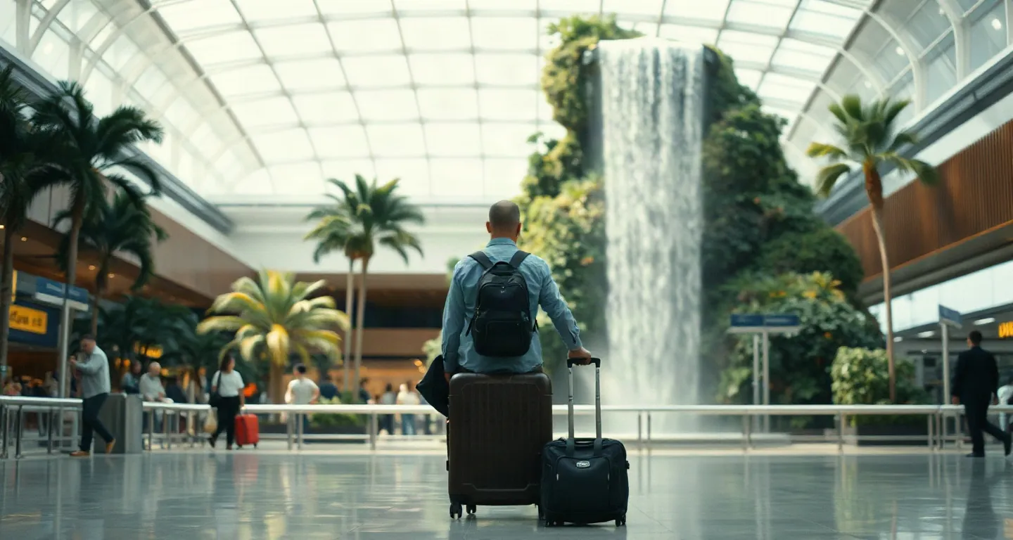 Traveller with a suitcase seen from behind in a bright airport hall with an indoor garden