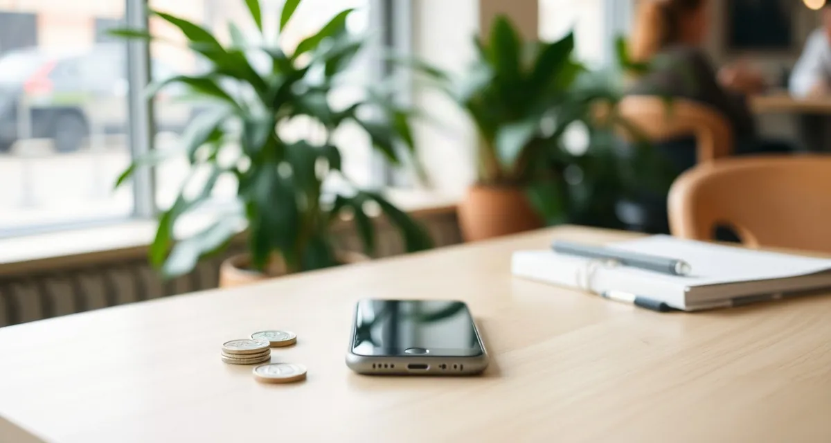 Phone with a dark screen beside coins and a blank notebook on a Singapore café table