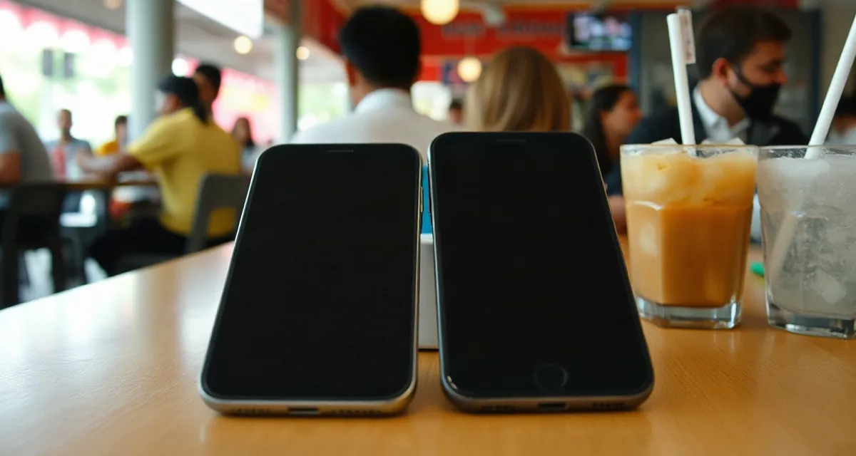 Two phones with dark screens side by side on a Singapore hawker table