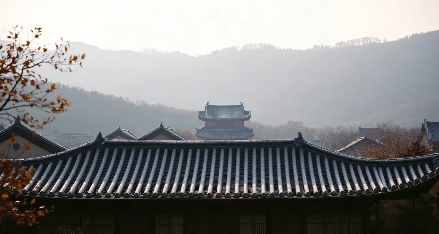 Gyeongbokgung palace roofs with Seoul hills behind in autumn light, South Korea