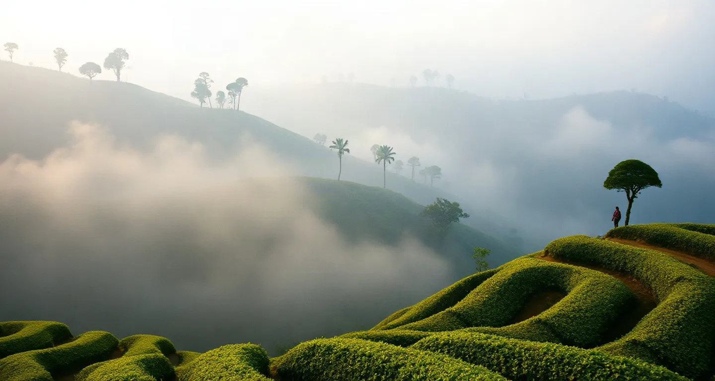 Tea plantation terraces in the Sri Lankan hill country under morning mist