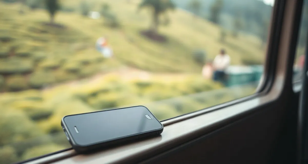 Phone with a dark screen on a train window ledge with green hills outside, Sri Lanka