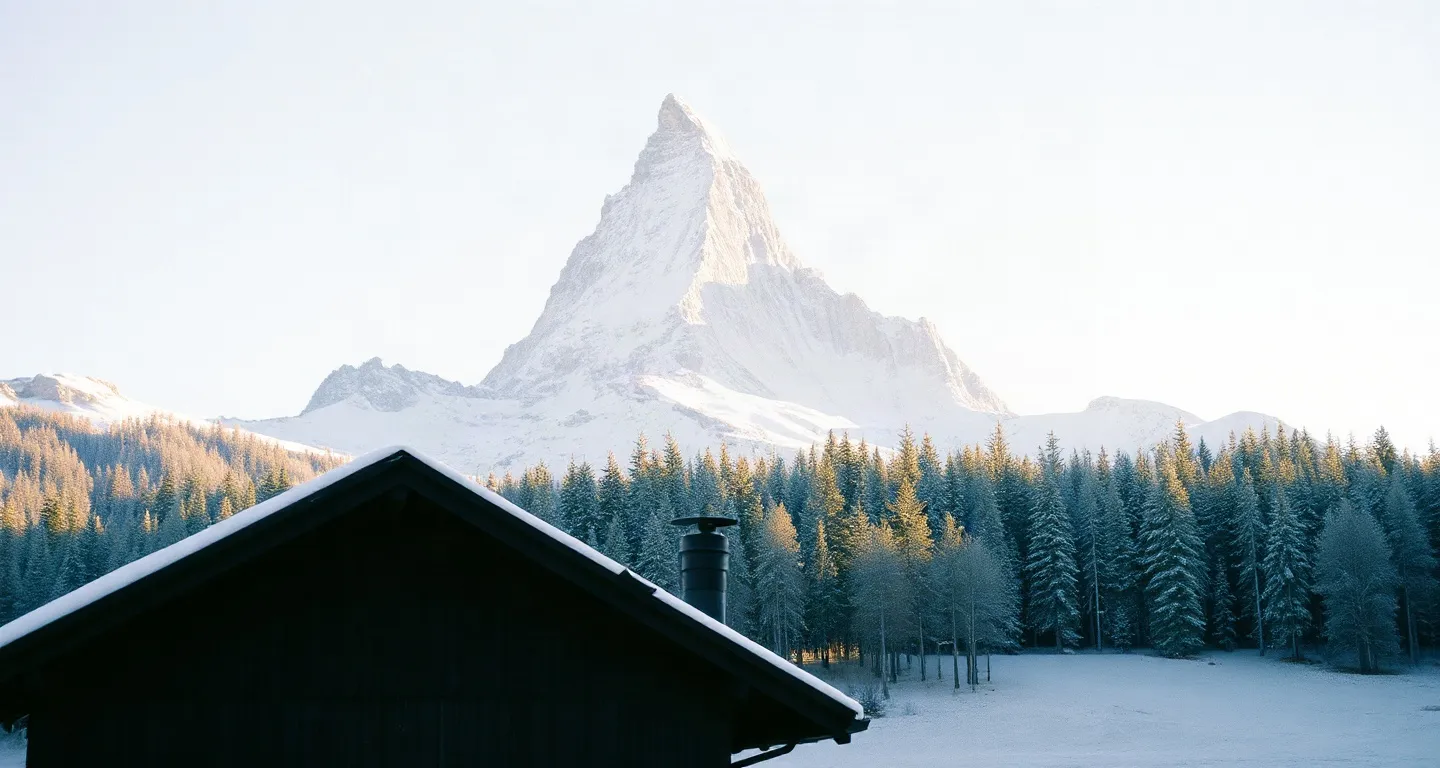 The Matterhorn above a wooden chalet village in clear morning light, Switzerland