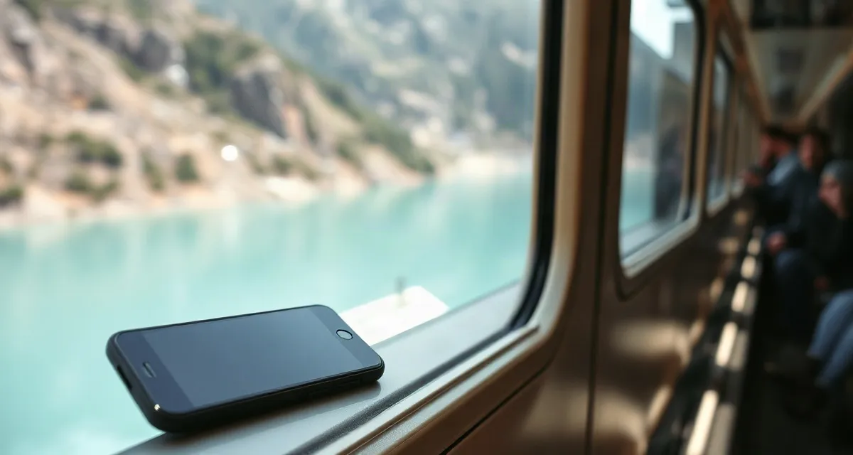 Panoramic train, Switzerland Phone with a dark screen on a panoramic train window ledge, Alpine lake outside, Switzerland
