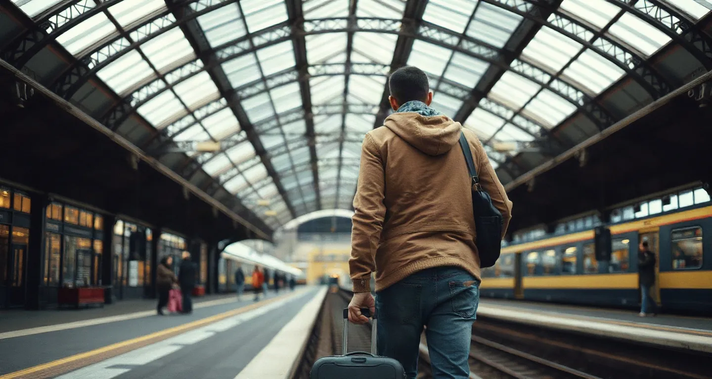 Traveller with a suitcase seen from behind under a Victorian station roof in London