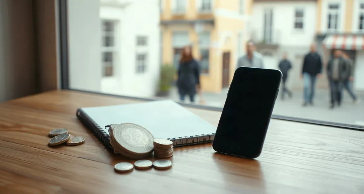 Phone with a dark screen beside coins and a blank notebook by a rainy window in the UK