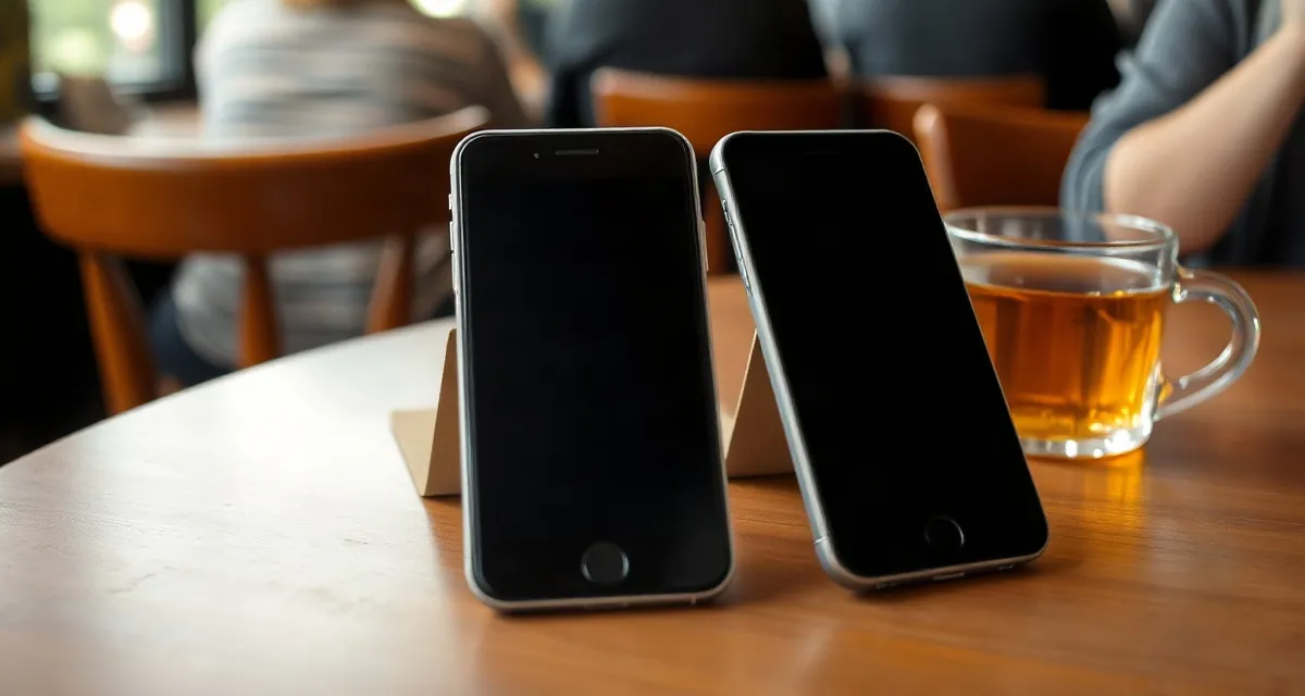 Two phones with dark screens side by side next to a cup of tea in a London pub