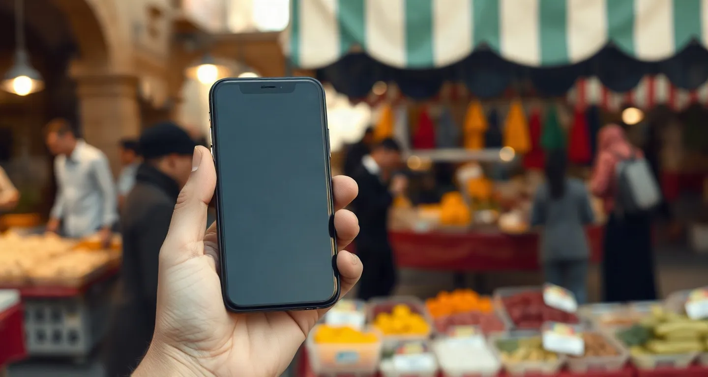 Hand holding a phone with a dark screen in front of a blurred market stall in Dubai