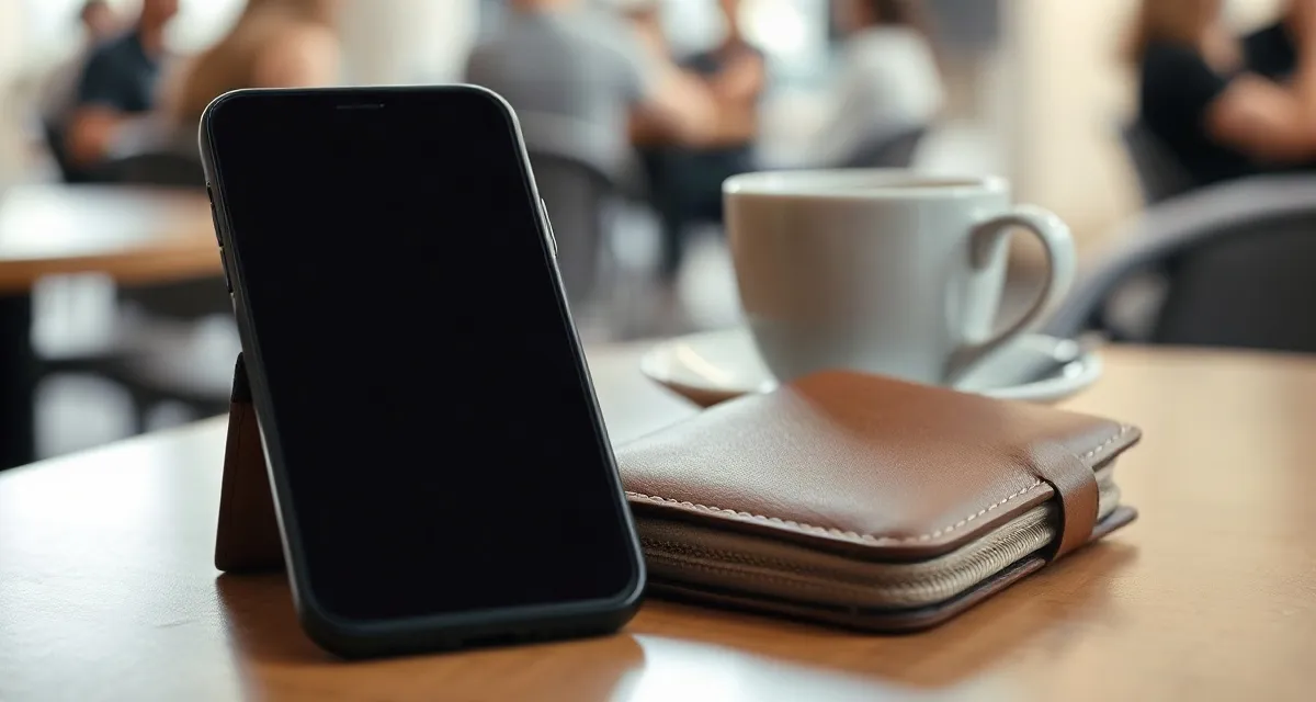 Phone with a dark screen next to a leather travel wallet on a café table